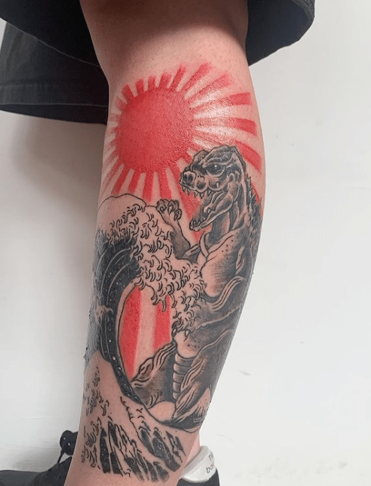 The Sun and Wave Tattoo With a Big Dragon Design for Leg