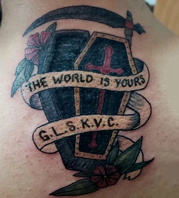 The world is yours coffin tattoo
