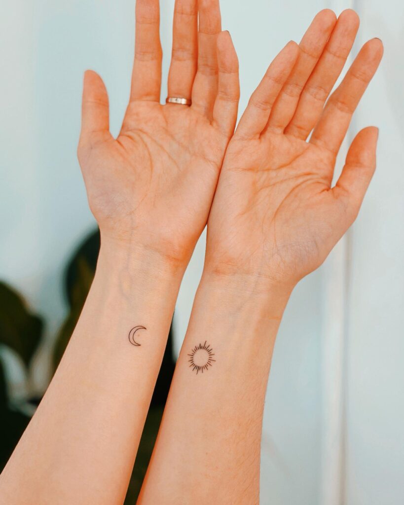Timeless Moon and Sun Small Tattoo Set on Forearms: Celestial Harmony