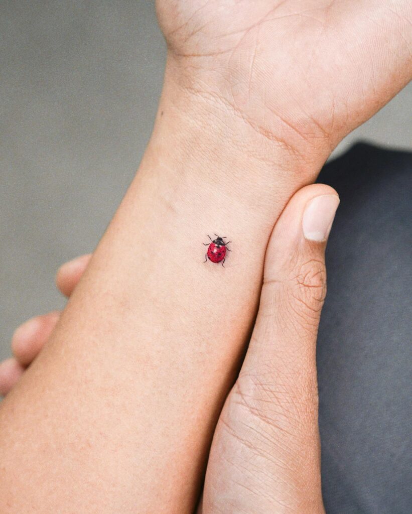 Tiny beauty cute small wrist color ladybug tattoo design ideas