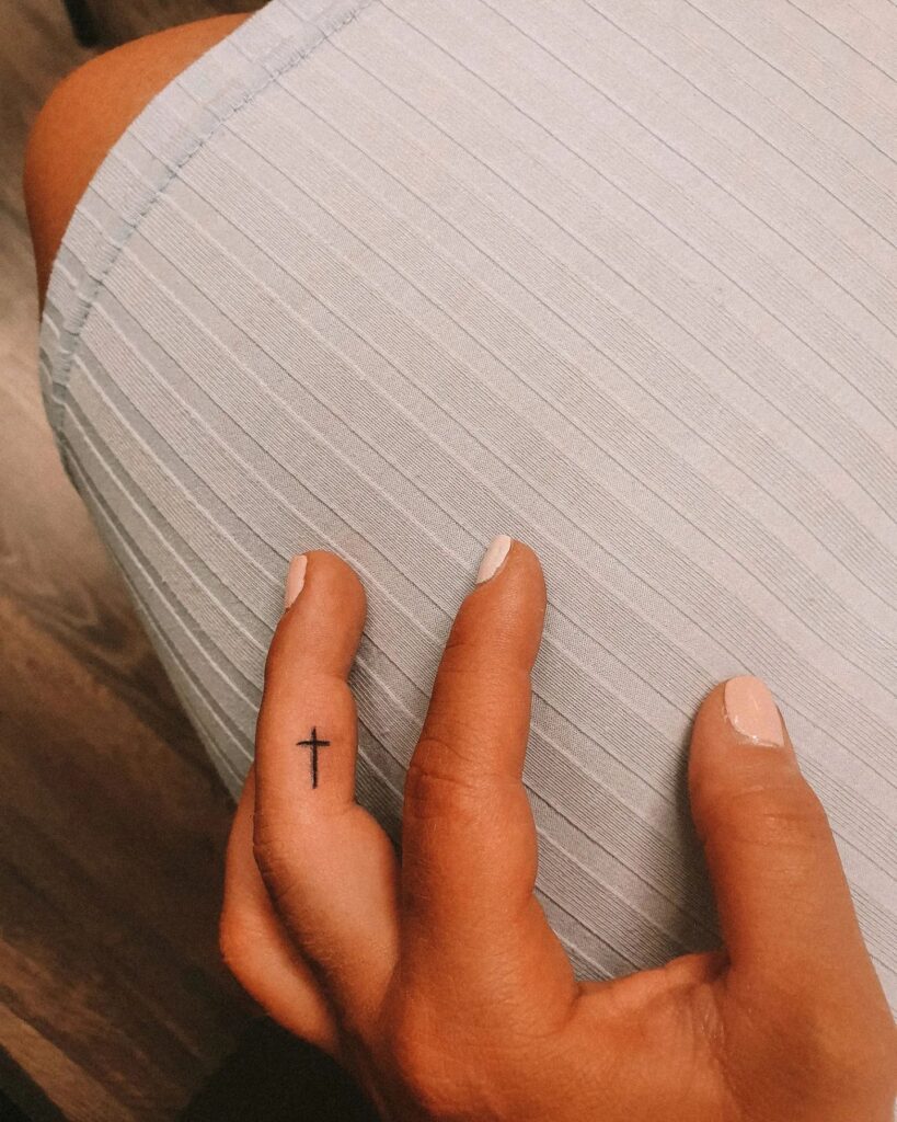 Tiny Cross Tattoo Ideas Side Middle Finger Accent for Women