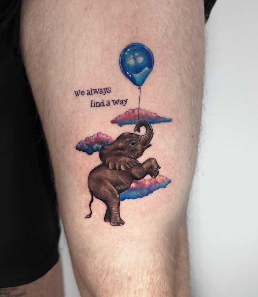Tiny Elephant with Balloon and Inspiring Quote, Cloud Background, Trunk Holding Balloon Thread: Colorful Above the Knee