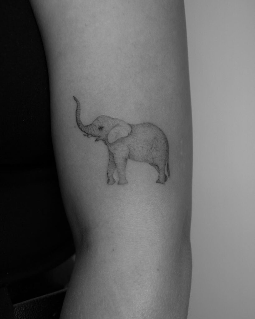 Tiny grey shade elephant tattoo above the elbow: pocket-sized pachyderm beauty