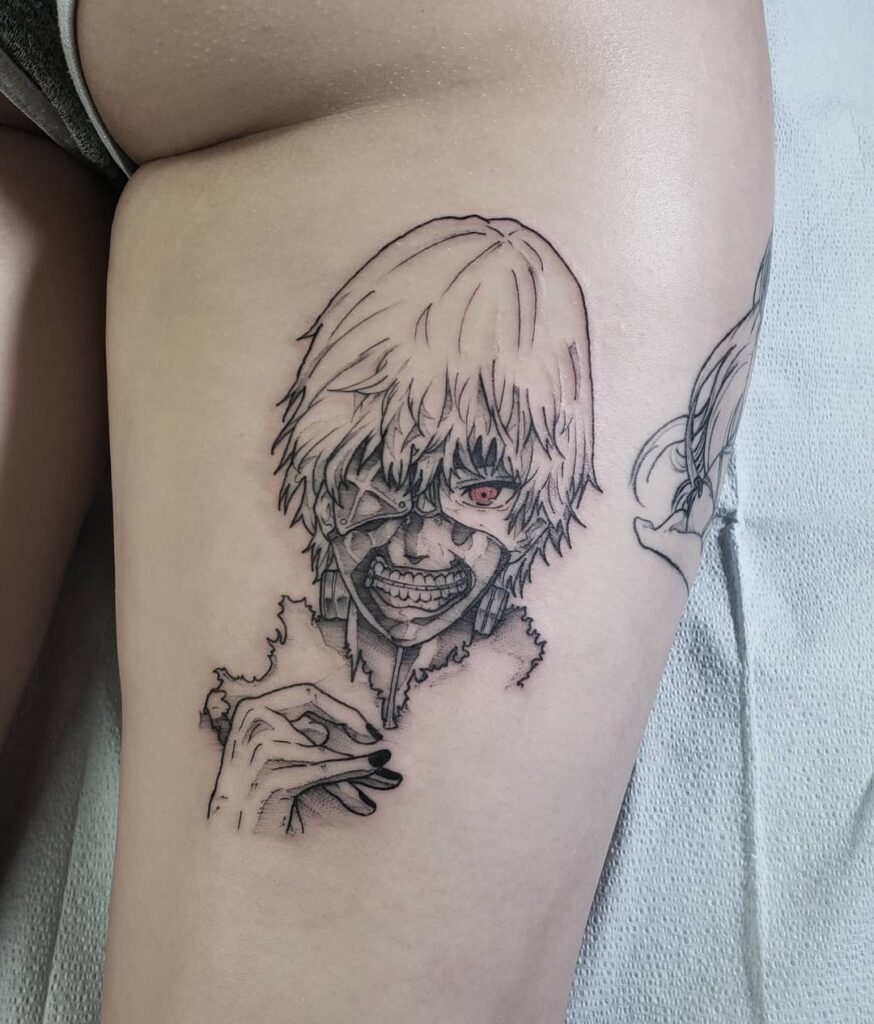 Tokyo ghoul back of the thigh tattoo a captivating anime-inspired ink art for women