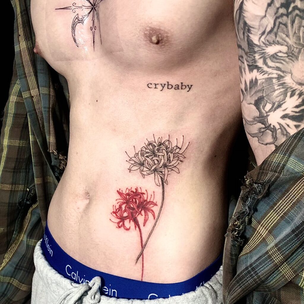 Tokyo ghoul spider lilies unique tattoo design on the side of the stomach for men