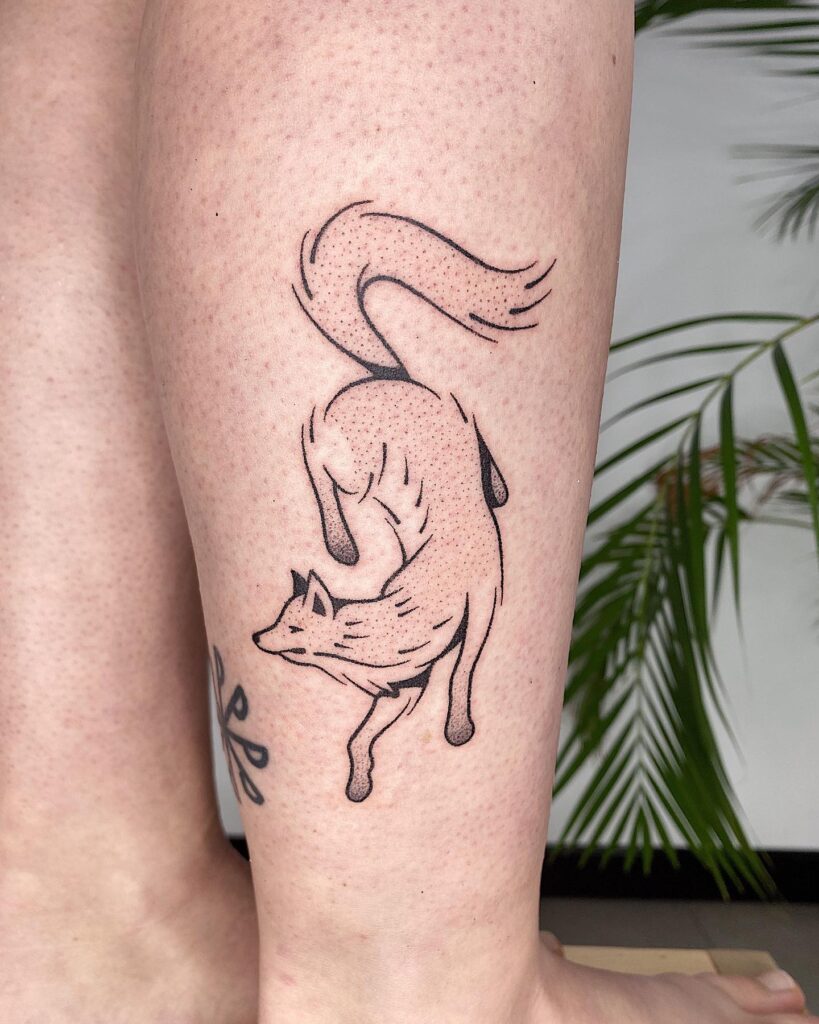 Top View Fox Outline Tattoo on the Ankle for a Unique Perspective: Aerial Observer