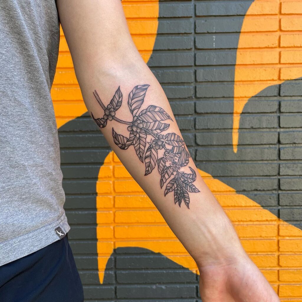 Traditional Coffee Plant Tattoo Symbolism on Inner Forearm