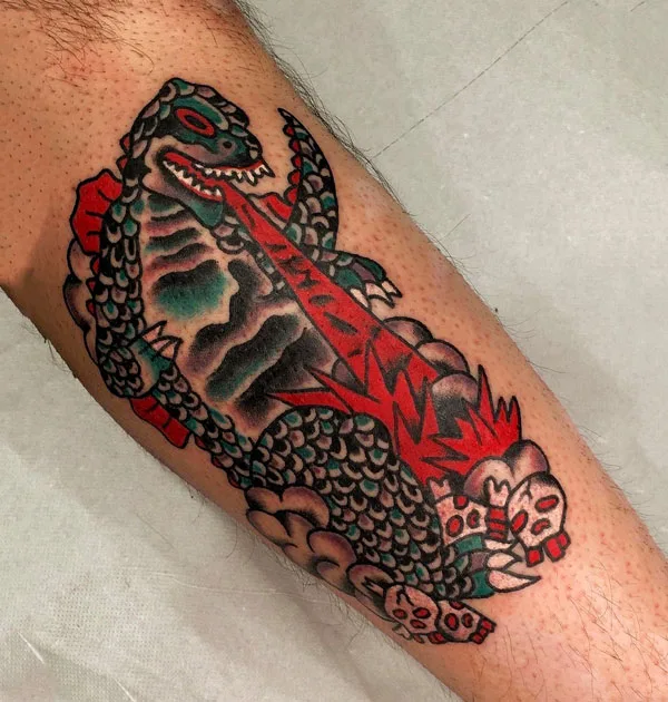 Traditional Godzilla tattoo
