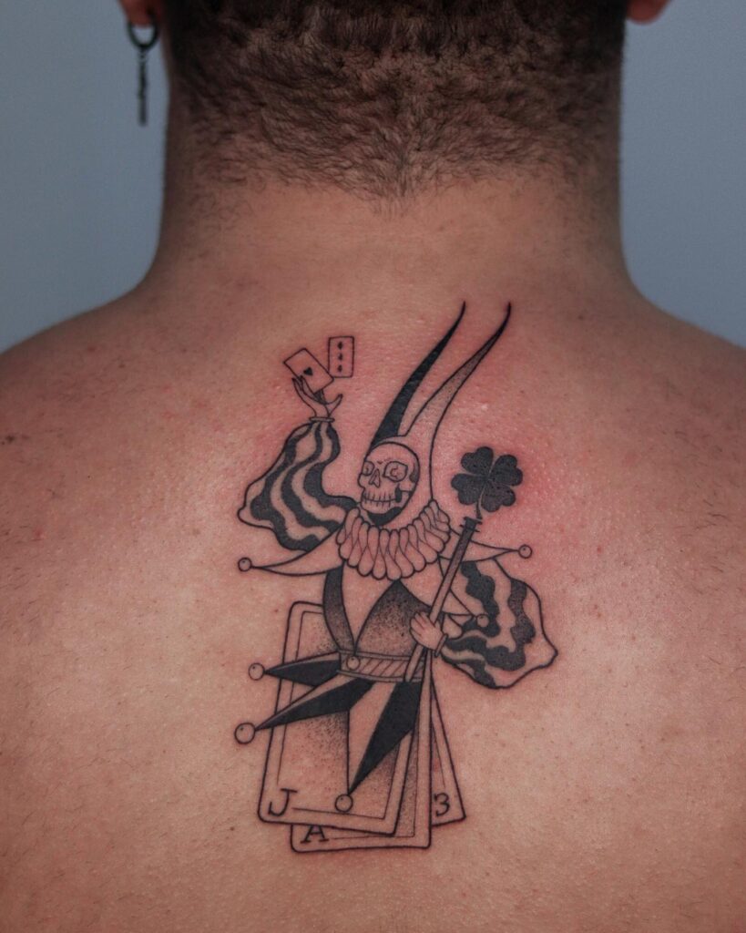 Traditional Joker Playing Card Tattoo on the Back of the Neck with image