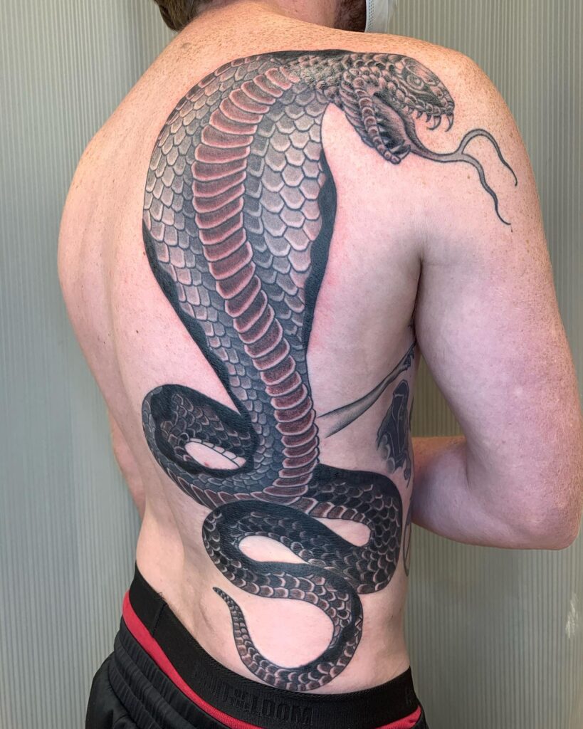 Traditional cobra pattern tattoo, from back shoulder to lower back, grand and bold: killer tradition