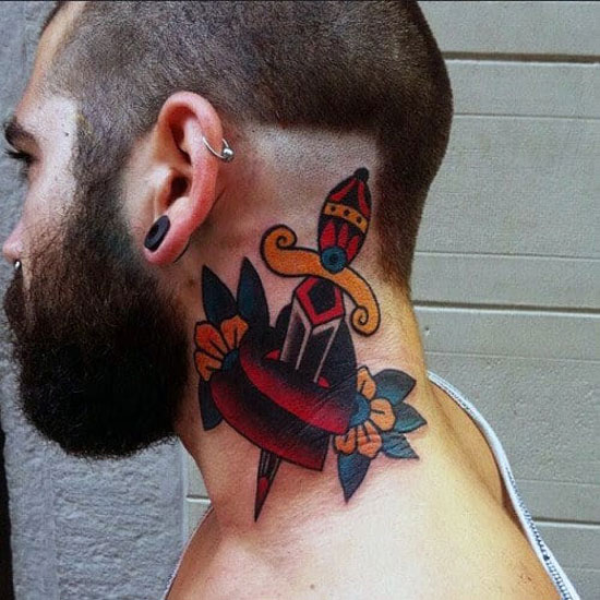 Traditional heart tattoo on neck