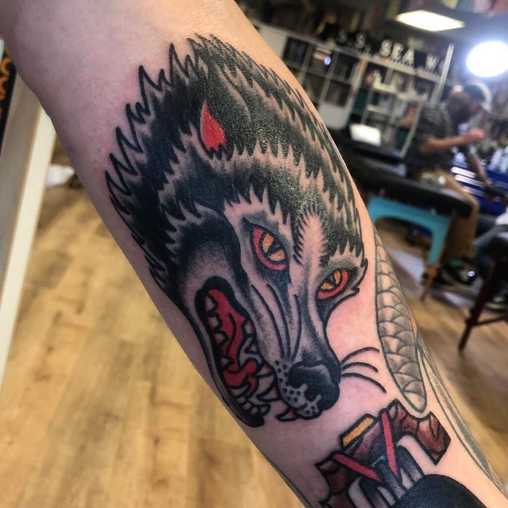 Trash Polka Savage Wolf Forearm Tattoo Design