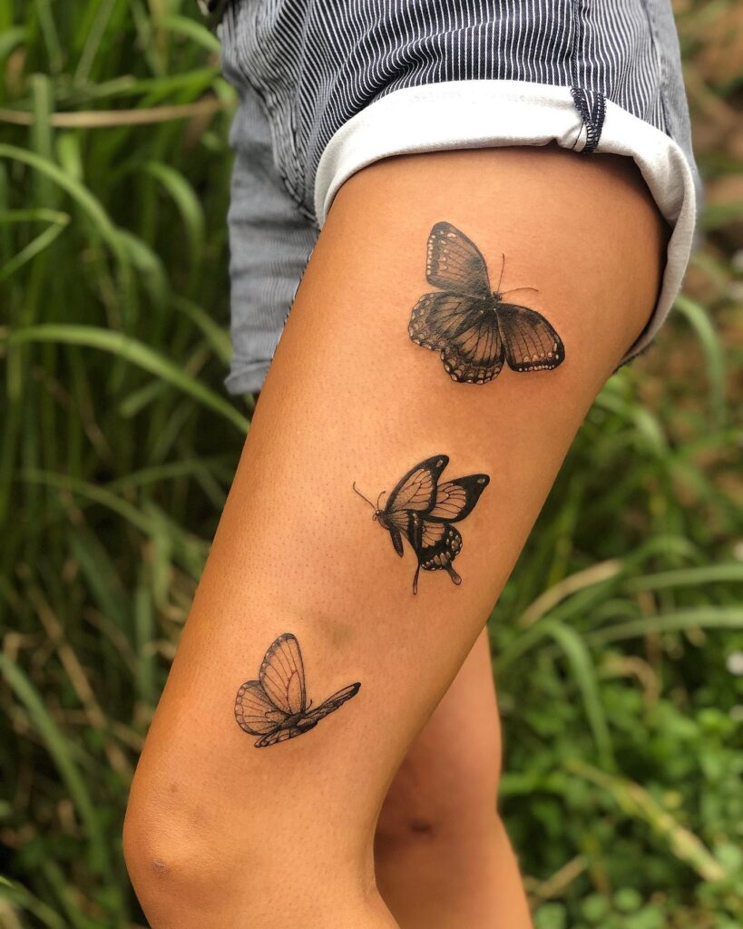 Trio of Pretty Blackwork Butterflies on Woman’s Thigh