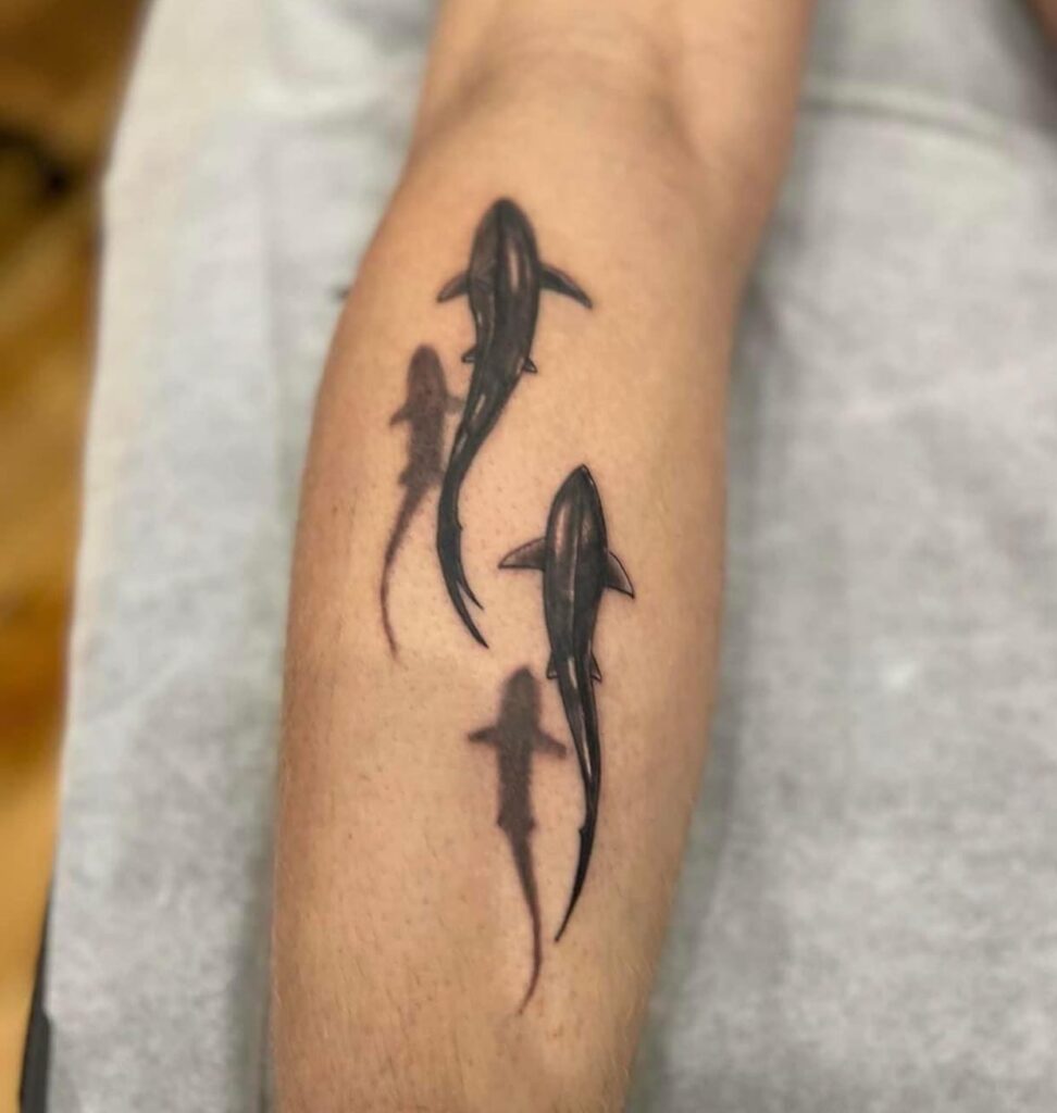 Two Sharks Top View 3D Tattoo on the Calf with Shadow Play: Oceanic Elegance 