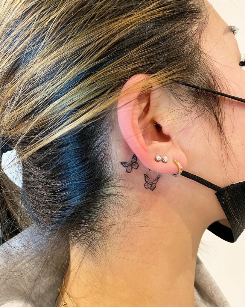 Two small black beauties butterflies in flight behind the ear
