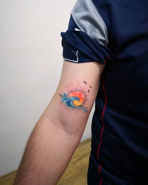 Ultimate Colorful Wave and Sun Tattoo Design With Birds