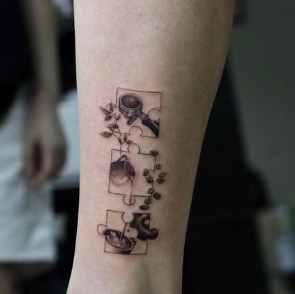 Unique Coffee tattoo design inside jigsaw boxes tattoo ideas