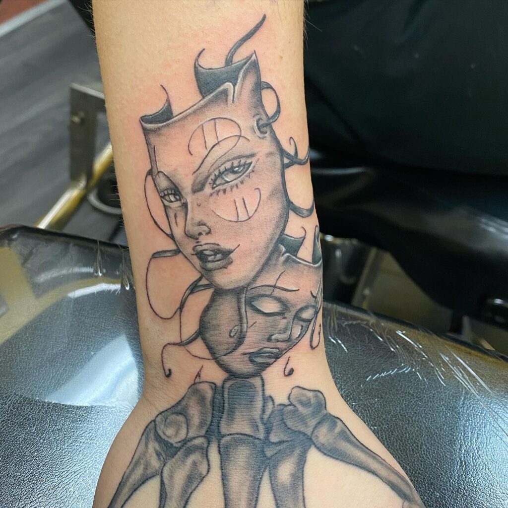 Unique Laugh And Cry Mask Tattoo Design For Hands