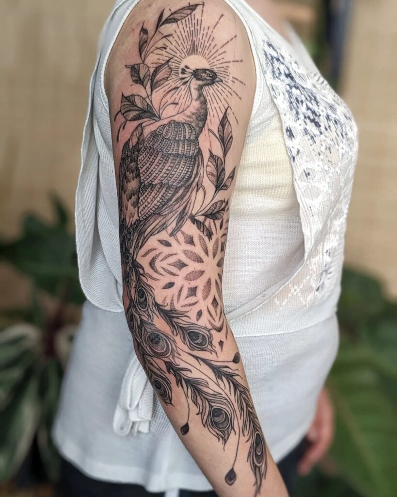 Unique Peacock Feather Mandala Half Sleeve Tattoo for Women Embracing Beauty and Harmony