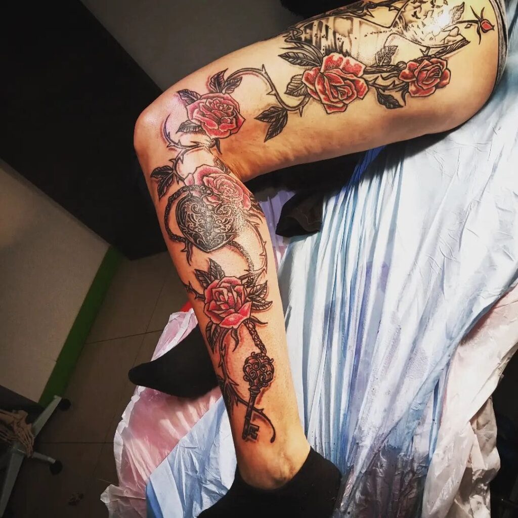 Unique Rose lock key tattoos for women on leg with image