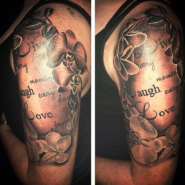 Unique Tattoos design for live laugh love with flowers on hand