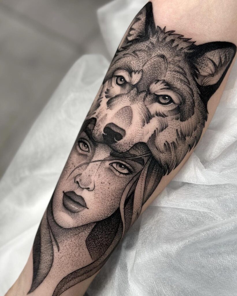 Unique forearm art idea grey wolf headdress tattoo