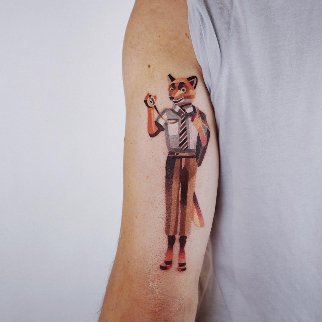 Unique geometric and painterly Nick Wilde tattoo from Zootopia for those who prefer modern, digital-illustration-inspired body art