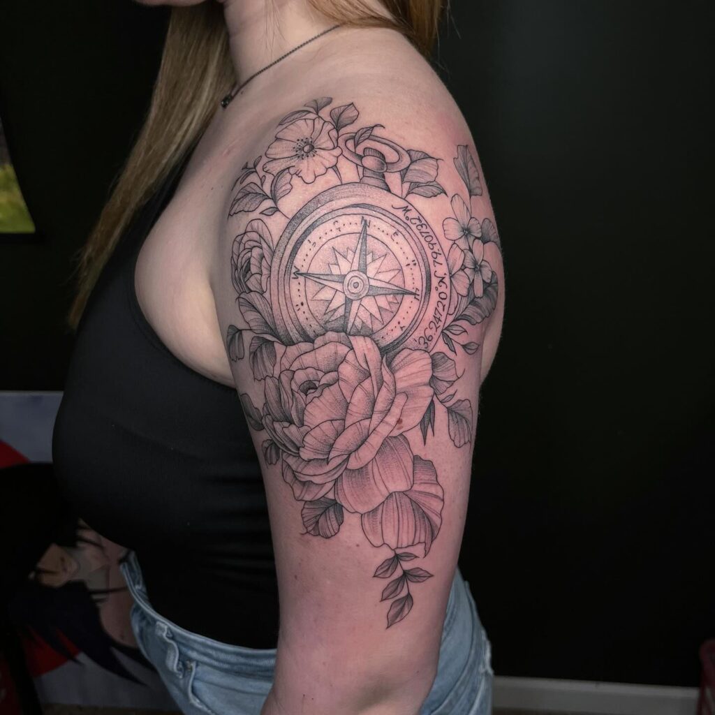 Upper Arm Compass with Surrounding Flowers for a Nature Infused Design: Floral Guidance