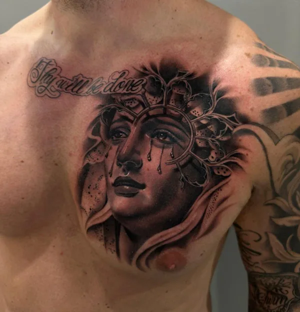 Virgin Mary Tattoo on Chest