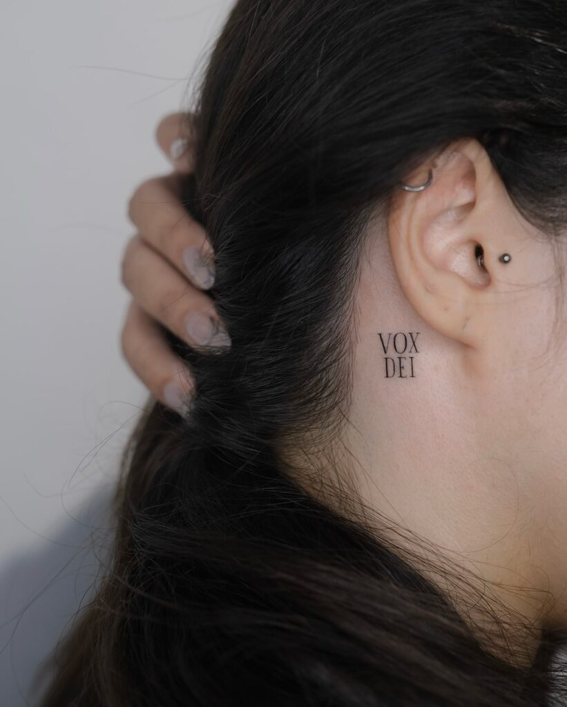 Vox Dei Bold Serif Tattoo Behind Ear Timeless Spiritual Statement