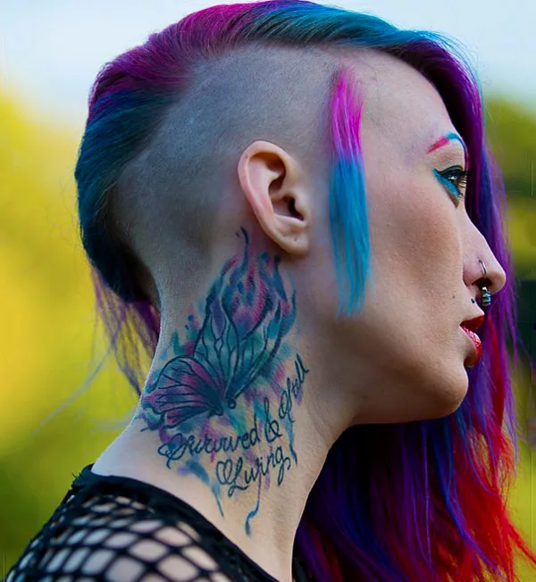Watercolor Butterfly Neck Tattoo