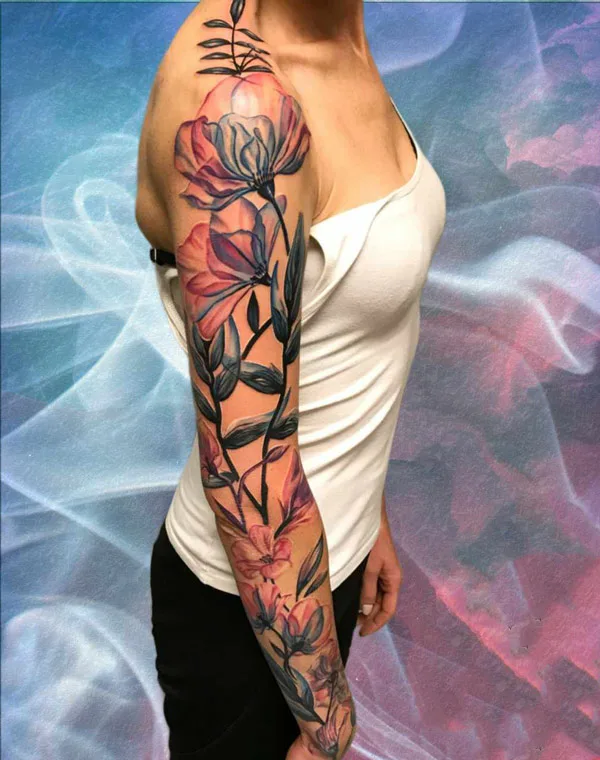 Watercolor Flower Sleeve Tattoo 1