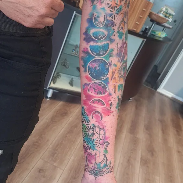 Watercolor Moon Phase Tattoo 2