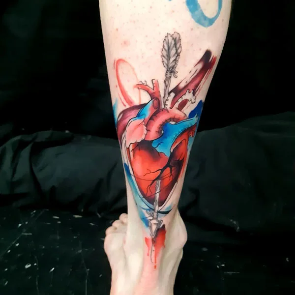 Watercolor anatomical heart tattoo