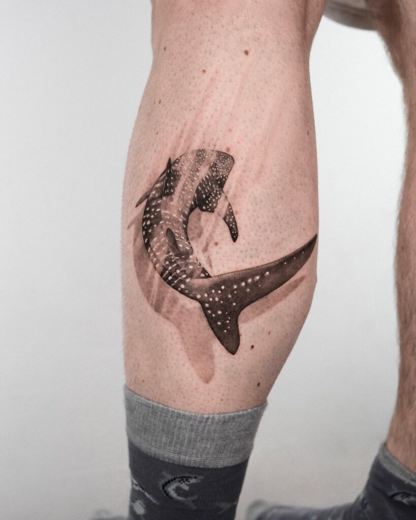 Whale shark tattoo with dot work shading and smooth gradients on leg