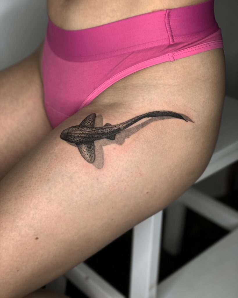 Whale Shark Tattoo with Shadow, an Artistic Idea for Below Hip Tattoo: Beneath the Waves
