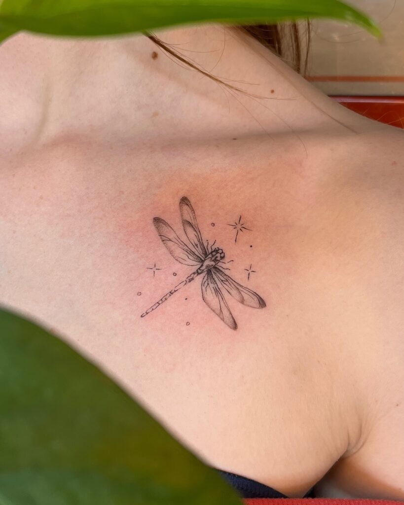 Whimsical Dragonfly Shoulder Tattoo with Sparkles for a Magical Touch