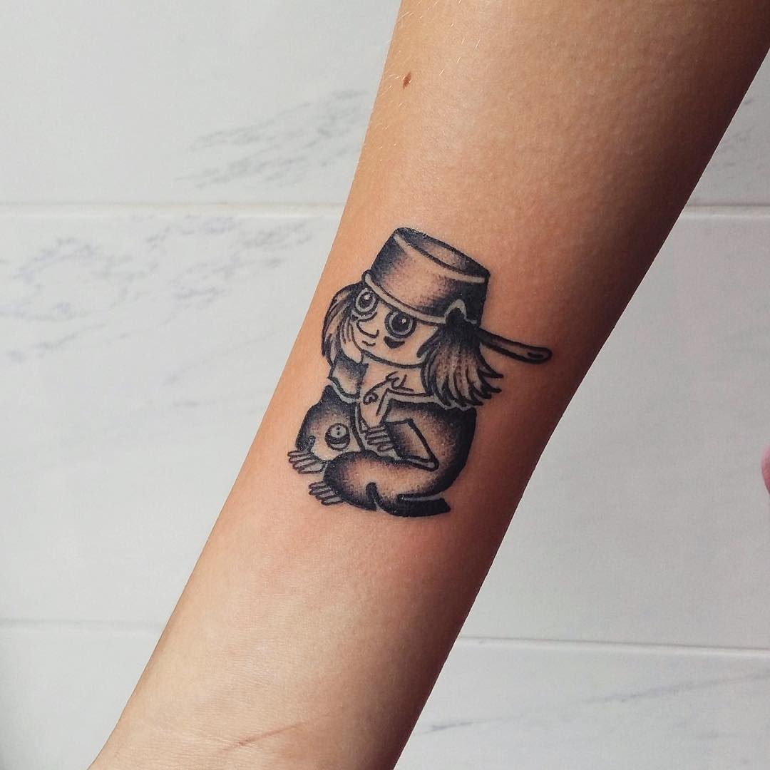 Whimsical old-school tattoo of a charming vintage-style character hugging a small creature, shaded with bold lines to evoke warmth, coziness, and nostalgia
