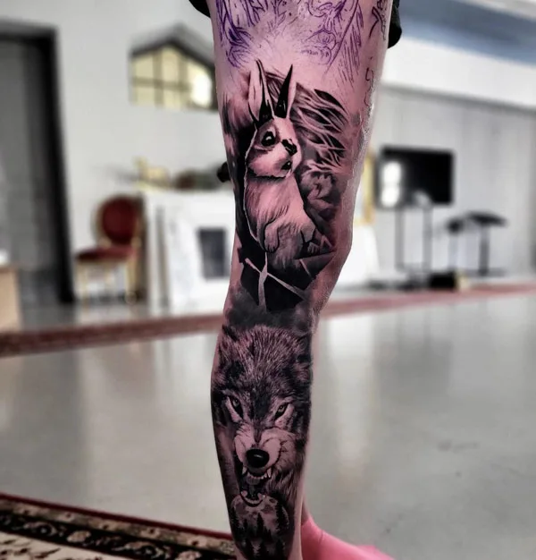 Wolf Leg Sleeve Tattoo