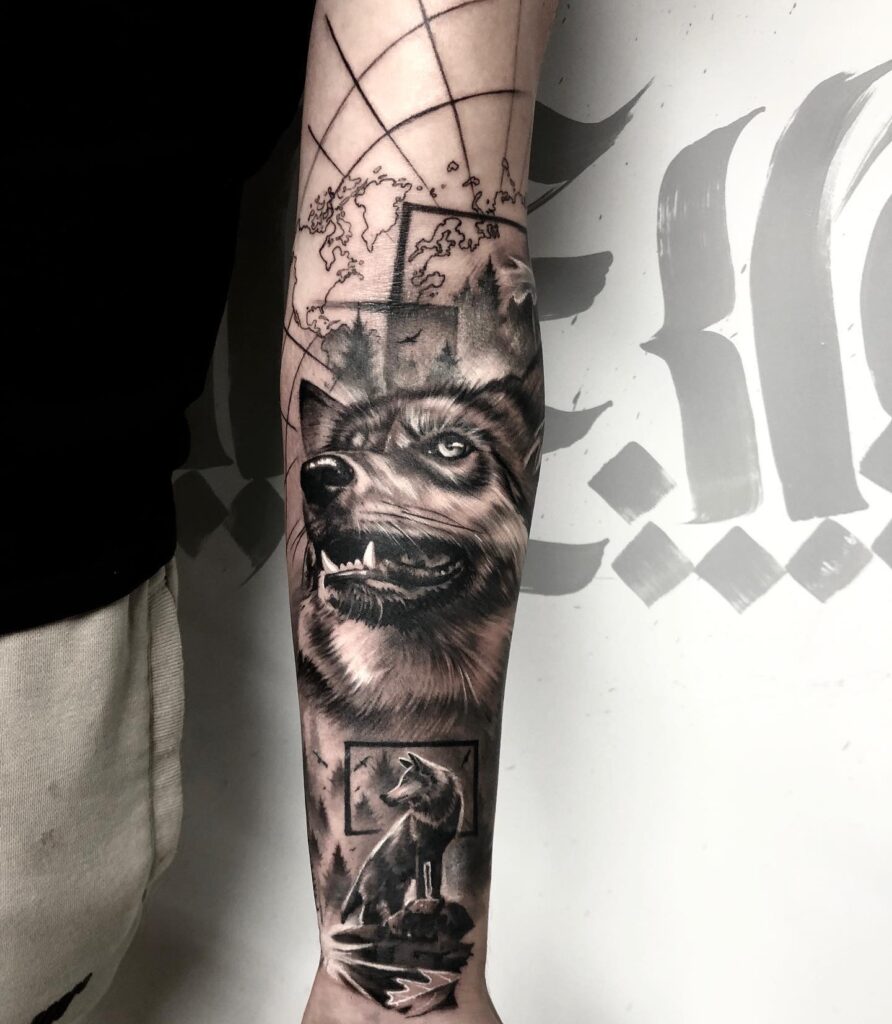 Wolf and world map forearm tattoo designs for men global canine spirit