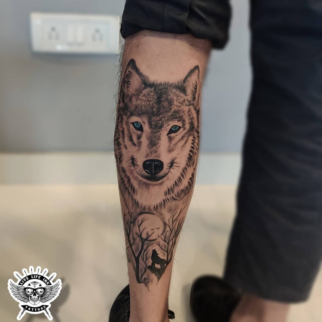 Wolf Head with Blue Eyes on the Calf: Mystic Howl, Overlooking a Moonlit Forest 
