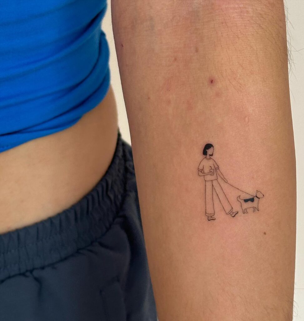 Woman with Drink Walking Alongside a Cute Puppy Outline Tattoo on the Forearm: Stroll of Joy