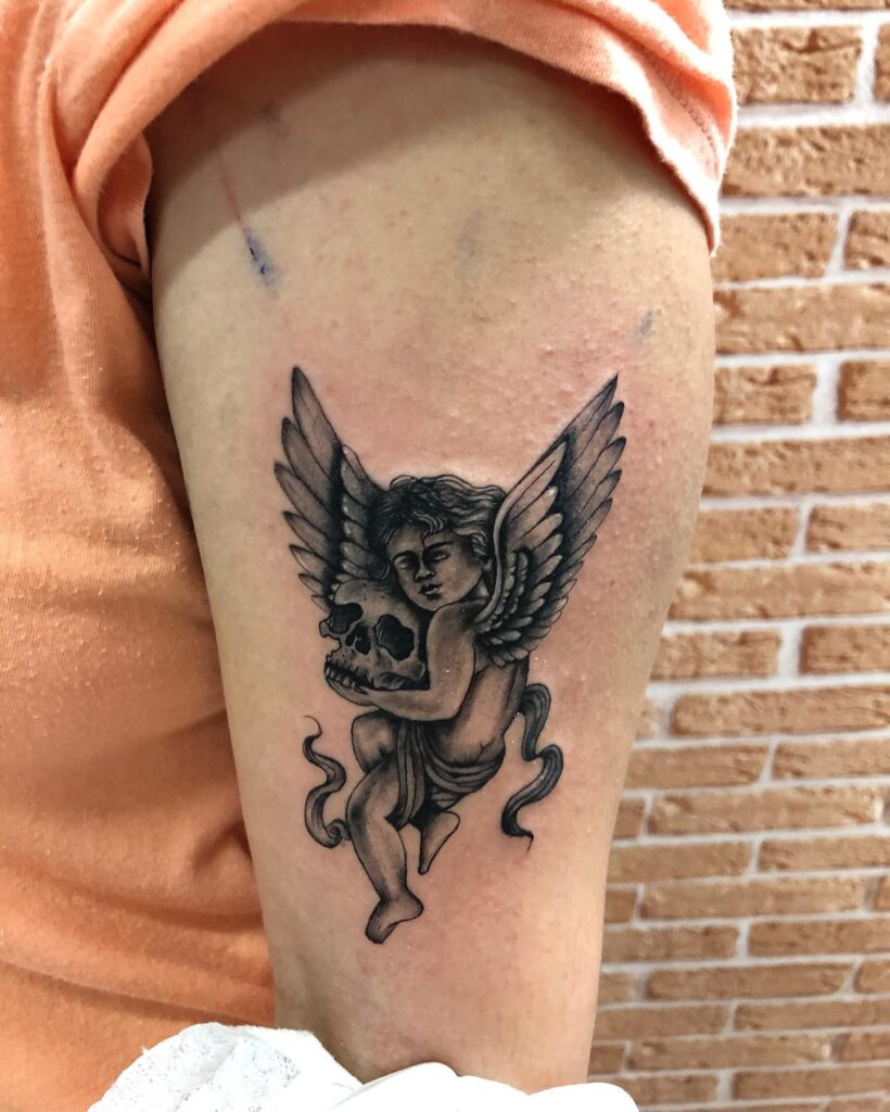 Black Baby Angel Tattoo Design With Skeleton