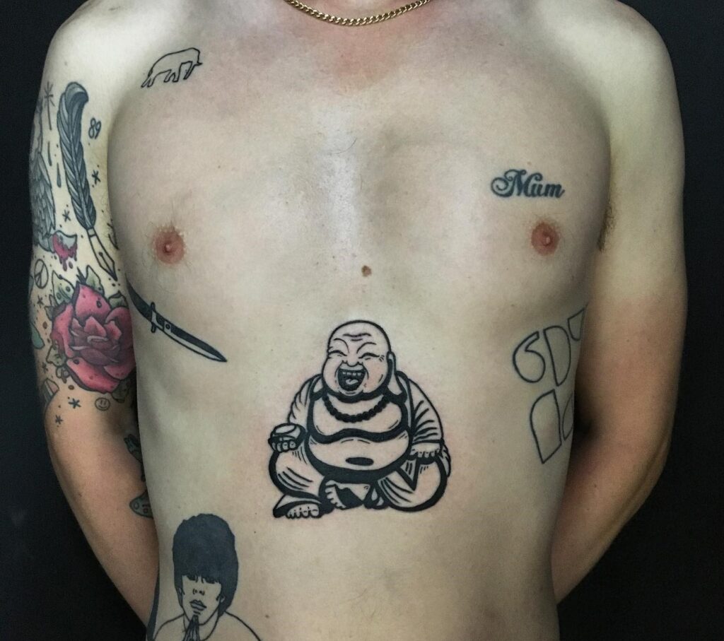 laughing buddha upper stomach tattoo for men spiritual serenity 
