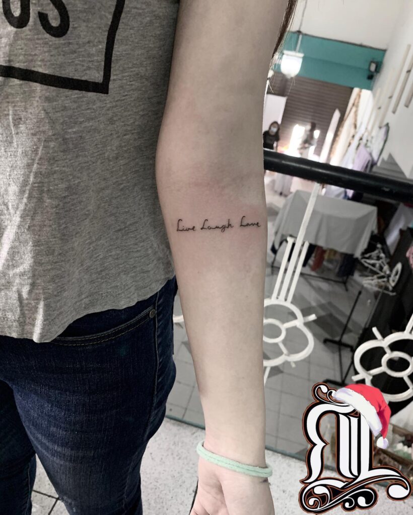 Live Laugh Love Lettering Tattoo Below the Elbow: Lower Arm Wisdom