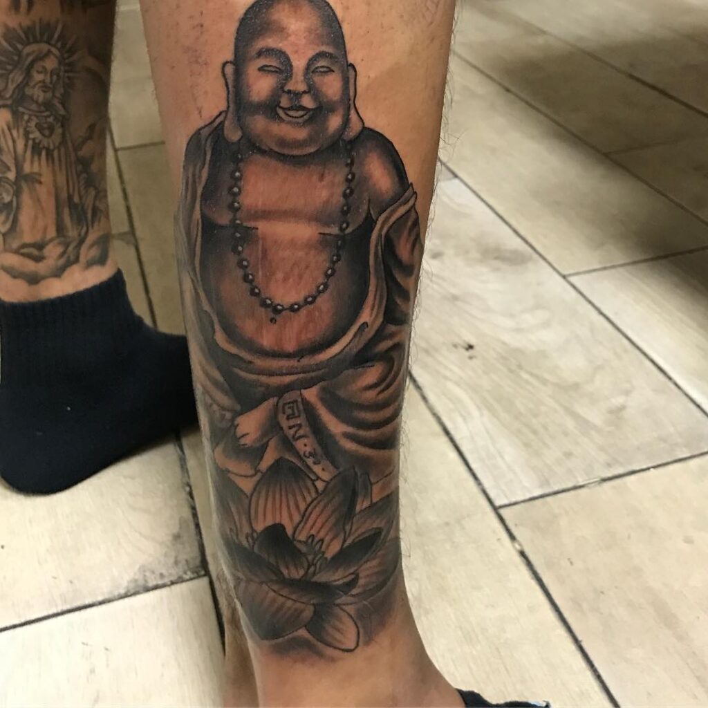 mens lower leg laughing buddha tattoo ideas spiritual journey