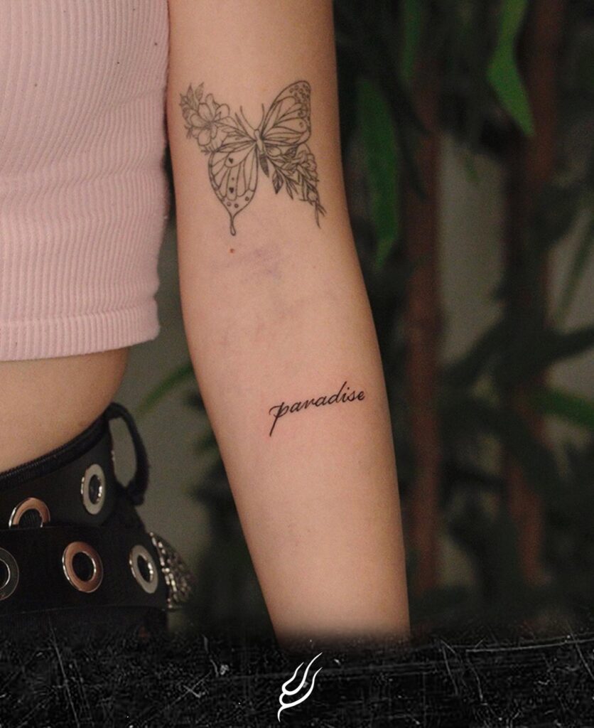 'Paradise' Word Text Lettering Script Tattoo on the Forearm: Heavenly Haven