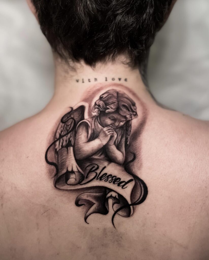 Praying Baby Angel Tattoo Design for Back of Neck