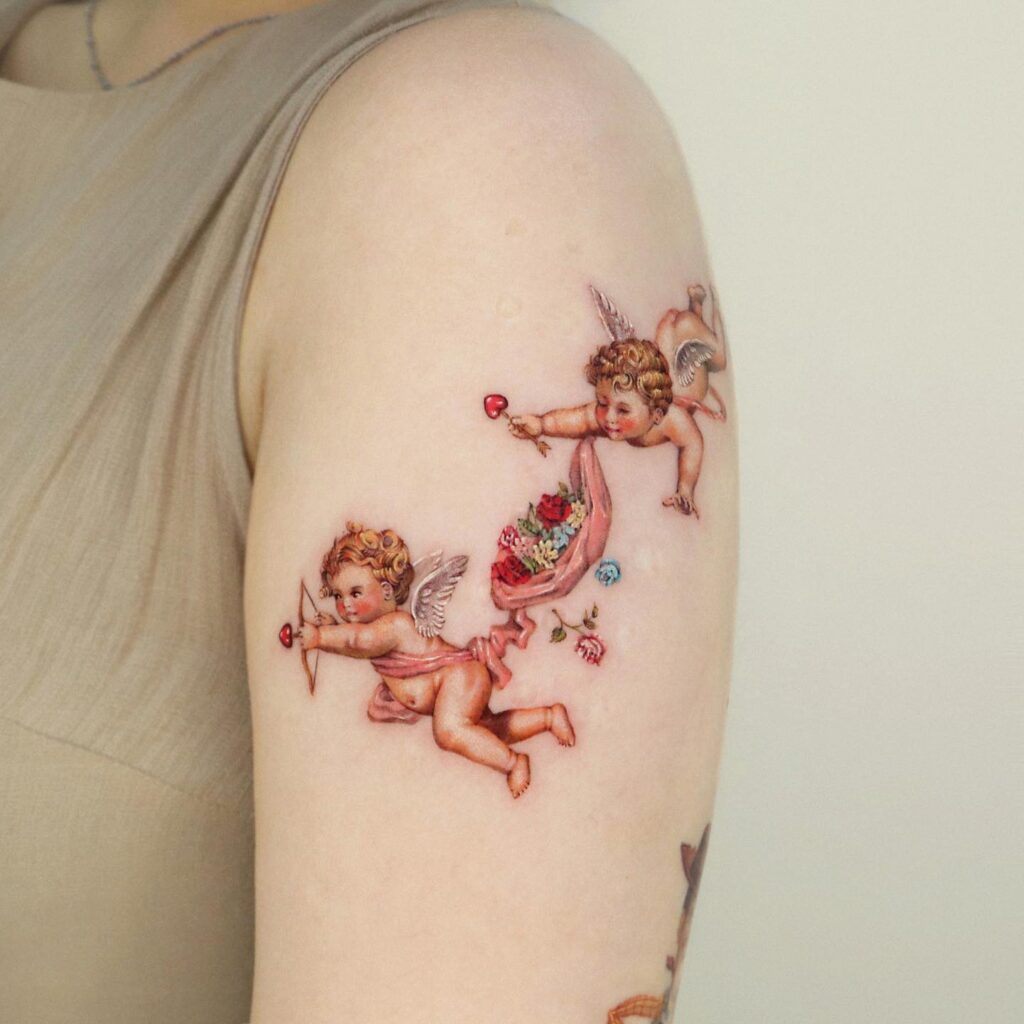 Red Ink Double Cupid Baby Angel Tattoo Design for Arms