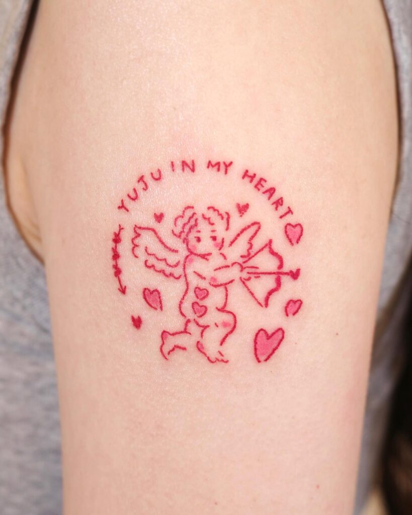 Red Ink Outline Baby Angel Tattoo for Women